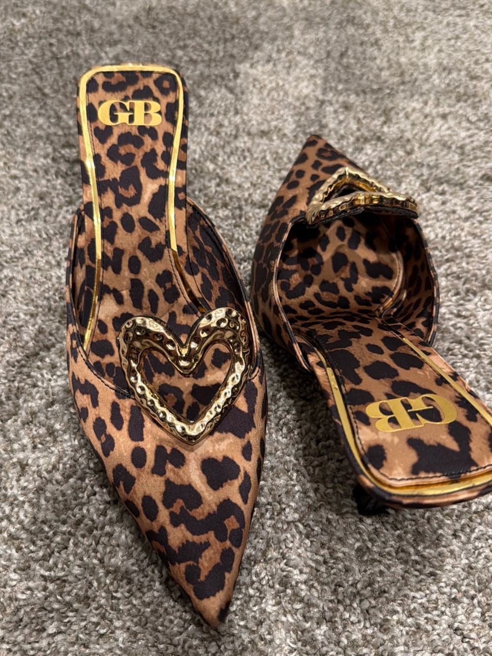 Gianni Bini Leopard Print Pointed Mules with Gold Heart Accent